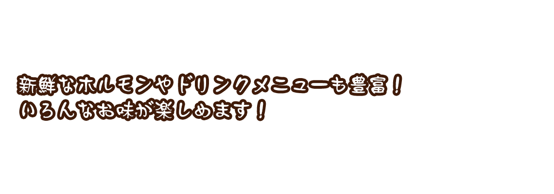 新鮮なホルモンやドリンクメニューも豊富!いろんなお味が楽しめます!